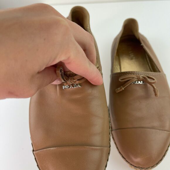 PRADA Light Brown Beige Leather Bows Trim Espadrilles Shoes Women’s 39.5 CLASSIC - Picture 8 of 11